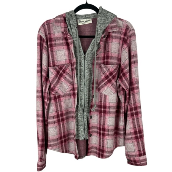 No Boundaries Pink & Gray Plaid Hooded Button & Zip Flannel Shirt Size Large - Picture 15 of 15